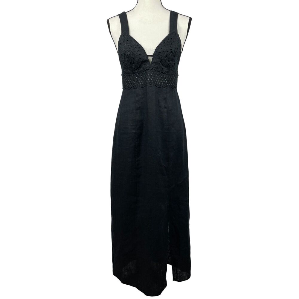 H&M‎ Premium Women's Midi Dress Small Black 100% Organic Linen Eyelet Sleeveless